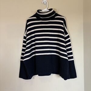 GAP Sweater Women Sz XL Navy White Turtleneck‎ Striped Heavyweight Cotton Slits
